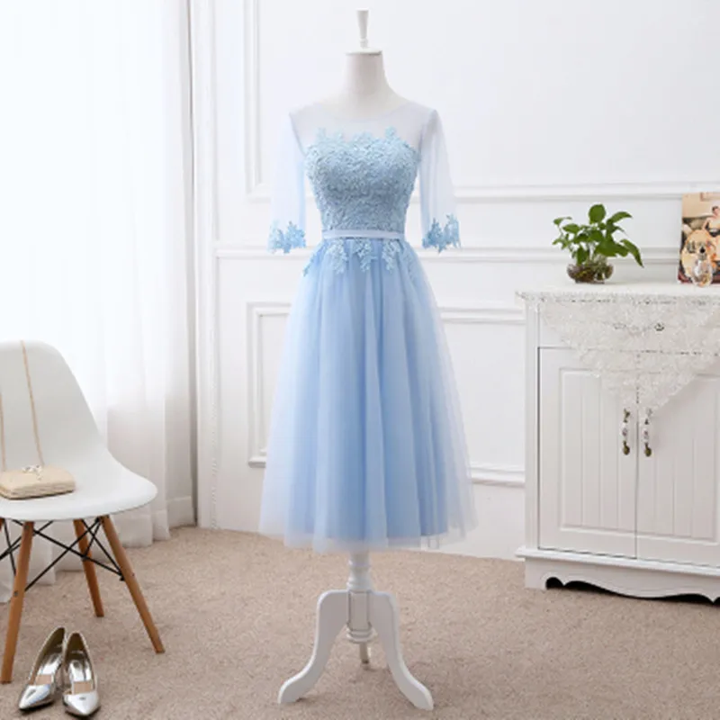 Robe de soiree Sky blue Scoop Neck Lace up Transparent Embroidery A-line Long evening Dress vestido de festa Formal Prom Dress