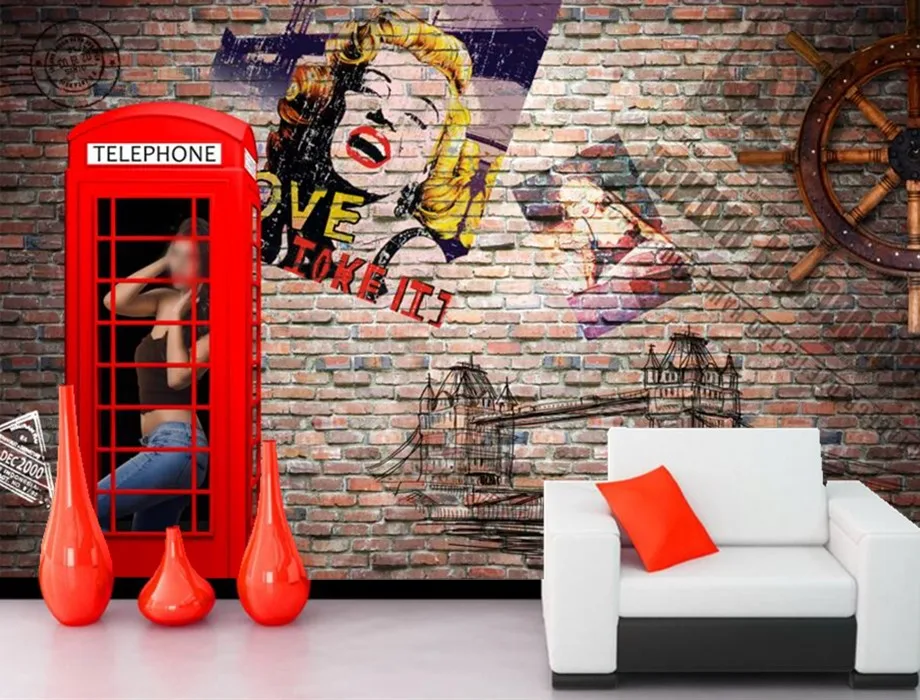 

Custom large mural,Retro nostalgia Monroe brick wall papel de parede,bar living room sofa tv wall 3d stereoscopic wallpaper