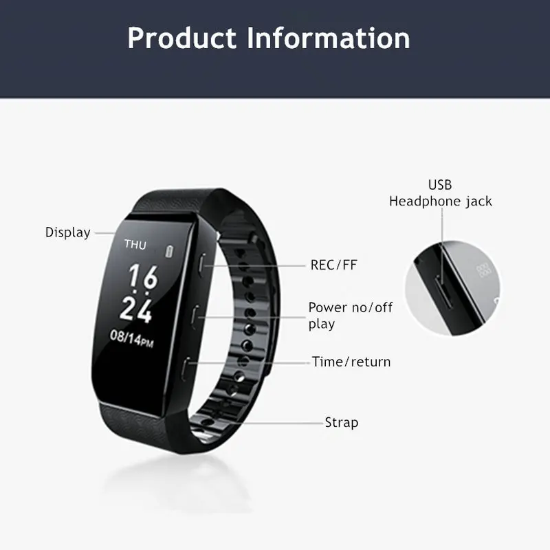 Yescool A80 Voice-activated Digital Voice Recorder Watch Hidden HiFi Music Player Pedometer Smart Wristband Stealth Dictaphone