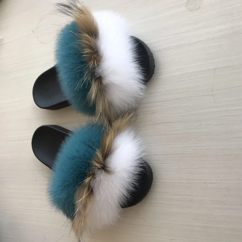 2020 Baby Fur Slides fur sliders Real Fox Fur Slides Slippers Furry Slippers Toddler Soft Children Fox Fur Slippers Kids Sandal