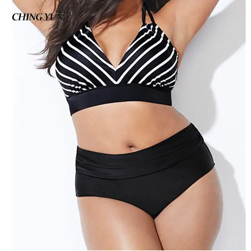 CHING YUN Plus size bikini high waist swimsuit large size halter swimwear women retro bathing suit plus size push up swimsuit