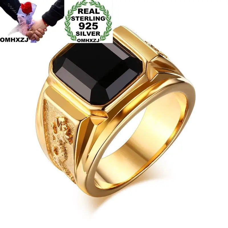 

OMHXZJ Wholesale European Fashion Man Party Wedding Gift Luxury Square Zircon 925 Sterling Silver 18KT Yellow Gold Ring RR416