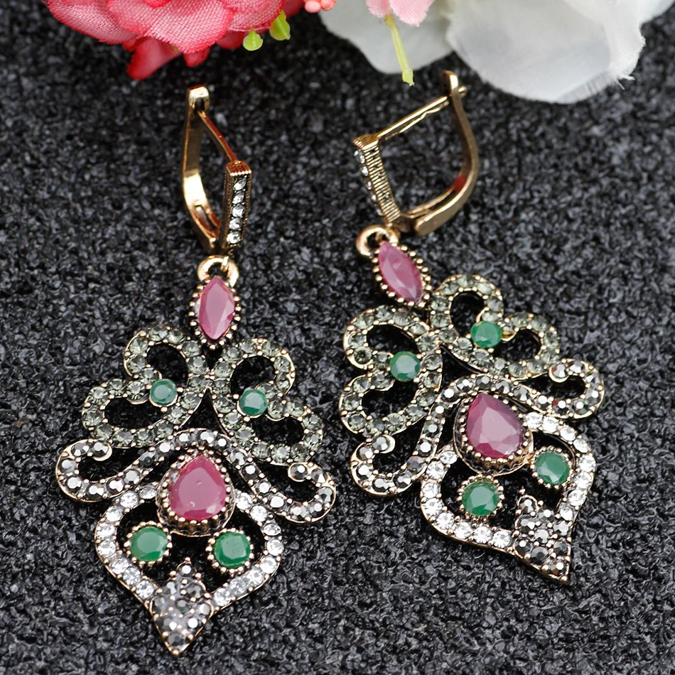 Sunspicems Exquisite Women Crystal Earrings Turkish Retro Vintage Dangle Hook Love Earrings Drop Water Resin Ethnic Jewelry