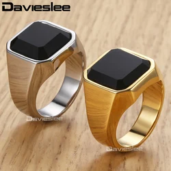 Mens Ring Gold Silver Color 316L Stainless Steel Gold Filled CZ Smooth Signet Ring for Men Jewelry 16mm Davieslee LHR373