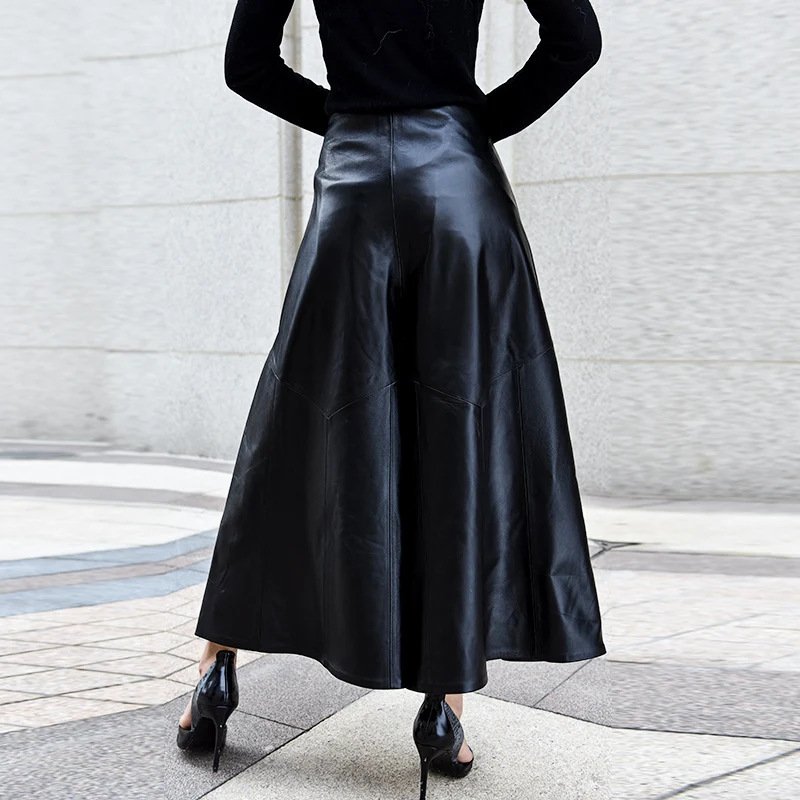 High Quality Luxury Women Ankle-Length Trousers Genuine Leather High Waist Wide Leg Pants Casual Loose Fit Pantalones Mujer