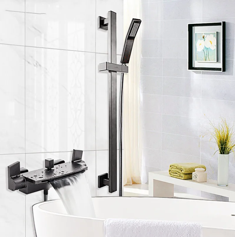 

Luxury black plated brass Bathtub faucet set wall mounted bathroom cold hot water shower faucet with handheld shower head