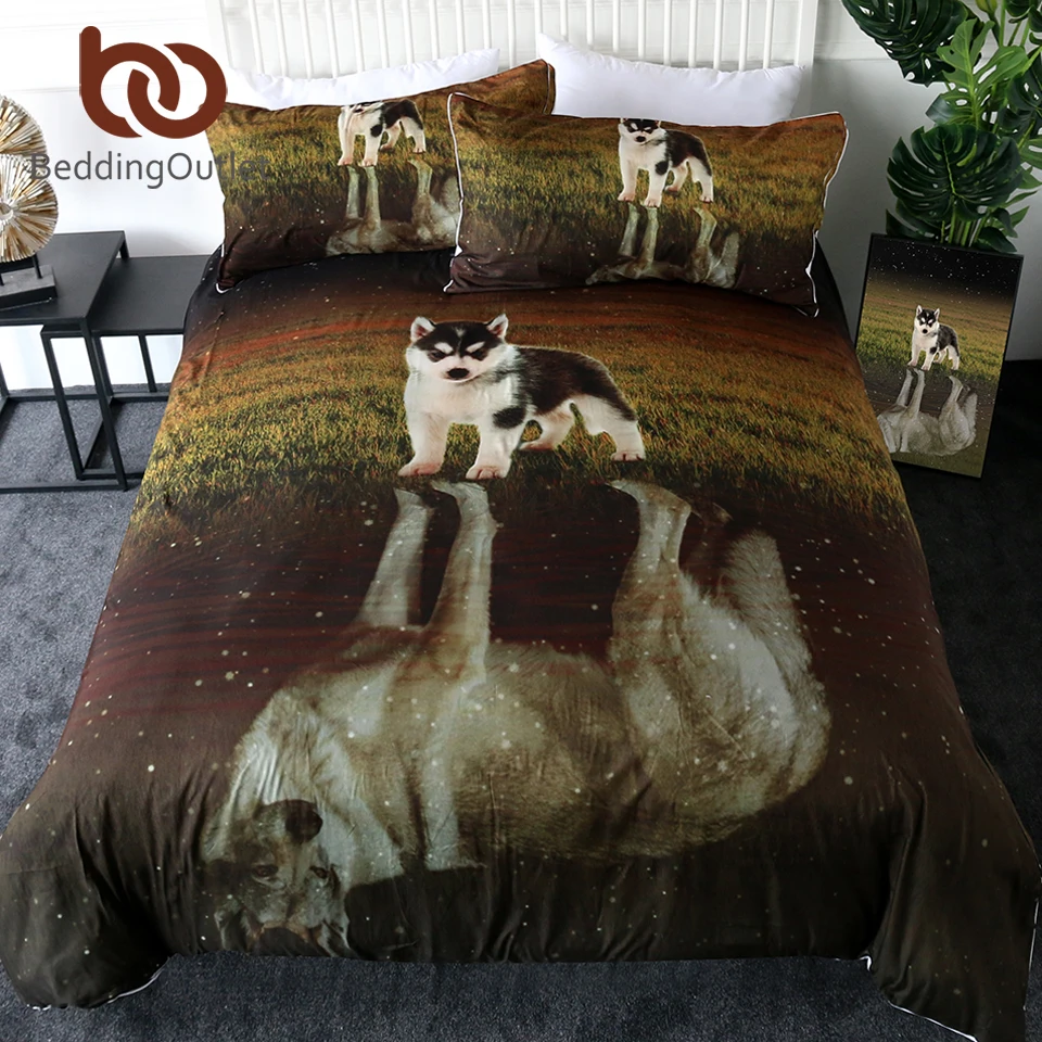 

BeddingOutlet Husky Bedding Set Wolf Reflection Duvet Cover With Pillowcases 3D Print Bed Set Puppy Dog Grassland Home Textiles