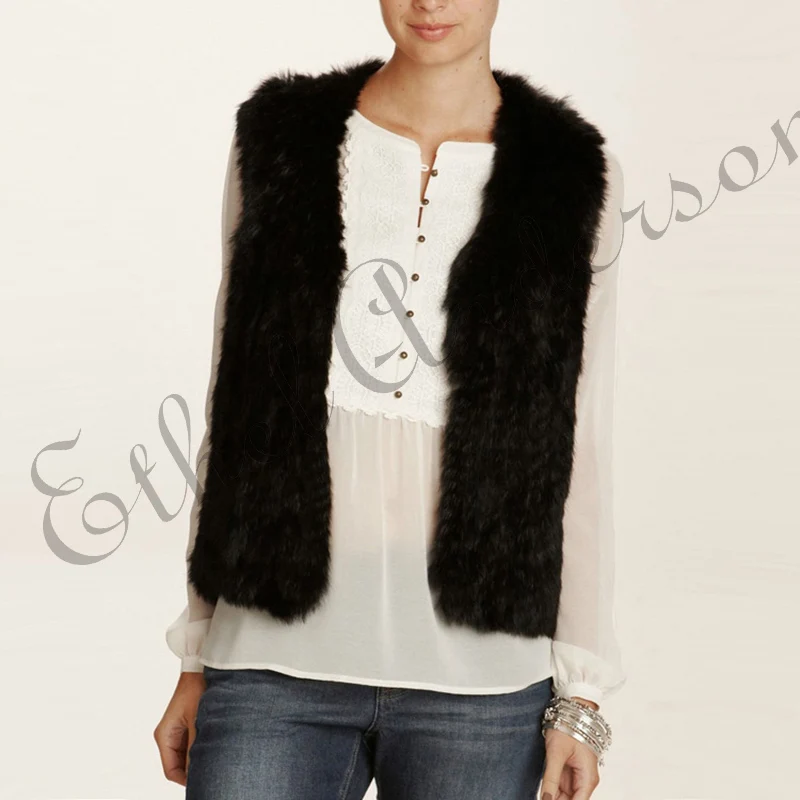ETHEL ANDERSON Women\'s 100% Real Farm Knitted Rabbit Fur Coat Fur Vest Outwear Gilet Fur Spring Fall Coat Jacket Short Style