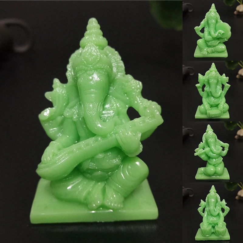 Glowing Ganesha Buddha Statue Playing Music Elephant God Sculpture Man-made Jade Stone Figurines Ornament Home Garden Decoration