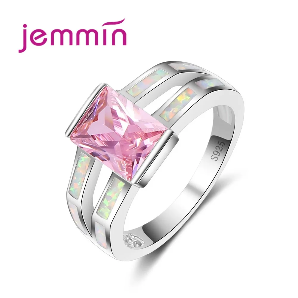 

Big Square Pink Stone White Fire Opal Ring 925 Sterling Silver Jewelry Ring for Women Wedding Accessories