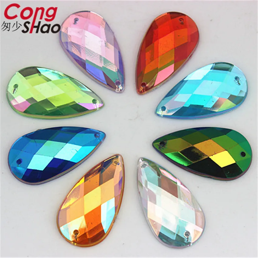 Cong Shao 50 stks 16*30mm AB Kleur Drop Acryl strass stenen kristallen plaksteen naaien 2 Gat DIY Trouwjurk Knop CS421