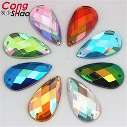 Cong Shao 50pcs 16*30mm AB Color Drop Acrylic rhinestone stones crystals flatback sewing 2 Hole DIY Wedding Dress Button CS421