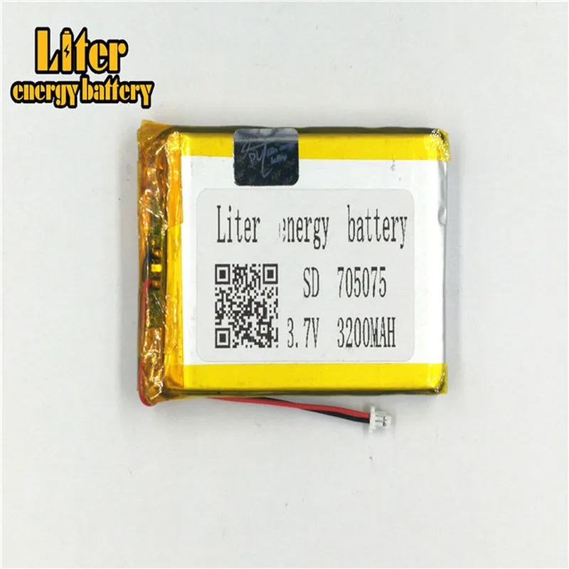 1.0MM 2pin connector Lithium Battery 3.7V 705075 3200mah e-books GPS PDA lipo lithium polymer battery li ion battery