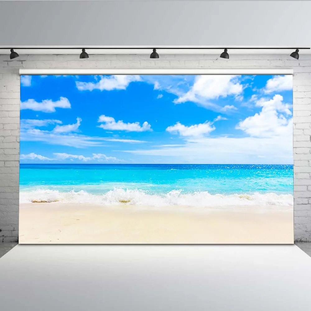 

Photography Backdrops Blue Sky and Sea Wave Photo Booth Background for Sandy Beach Props Summer Holiday G-512