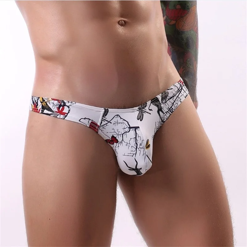 Men\'s Seamless G-string Funny Print Male Underwear Sexy Underpants Casual Thongs Gay Summer Breathable Underwear Panties T-Back