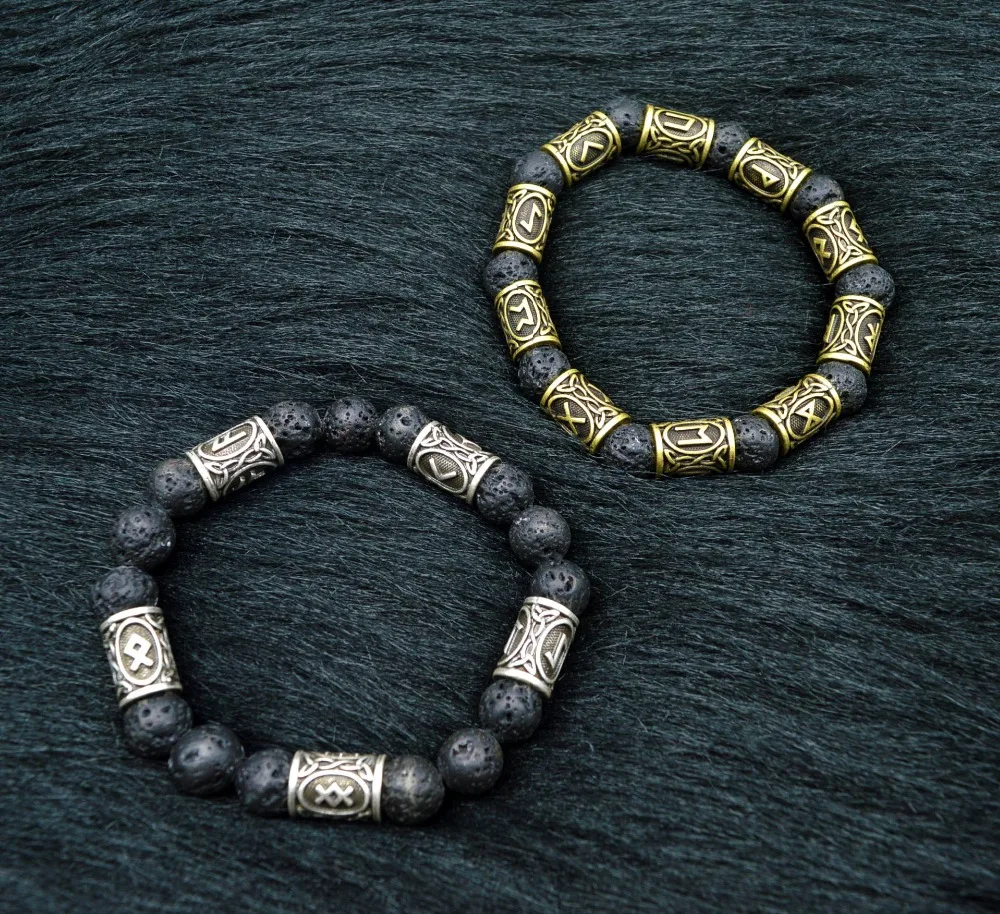 Natural Black Bracelet Trendy Retro Alloy Viking rune Lava stone Beads Bracelet For Men Women Bangle Jewelry Personality Gift