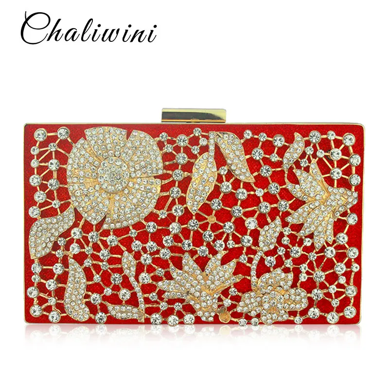 Metal  Hollow Out flower Crystal Women Evening Bags Day Clutch Purse Handbags Chain Shoulder Bolsa Feminina Phone Key Pocket Bag