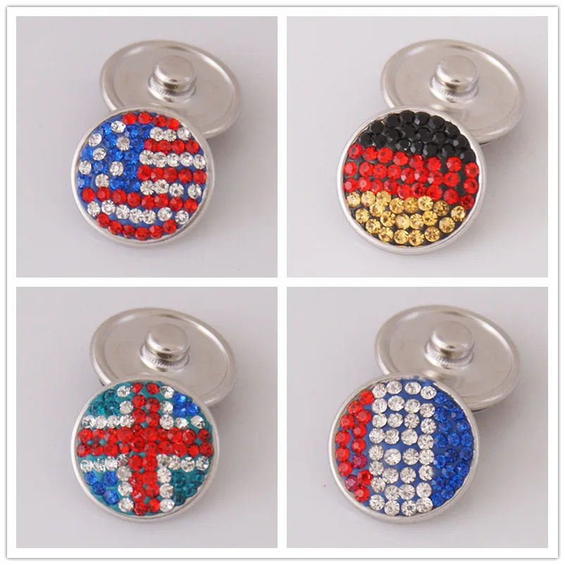 HOT Fashion 18MM National flag rhinestone clay charm snap button fit DIY snap bracelet jewelry high quality wholesale