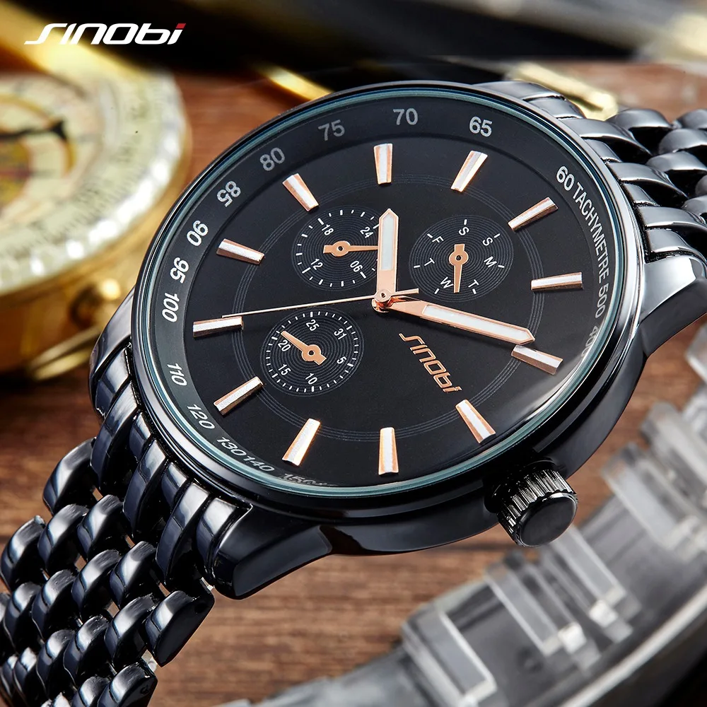 SINOBI Brand Luxury Fashion Men Watches Classics Stainless Steel Men Wristwatch Black Sports Geneva Watches Relogio Masculino