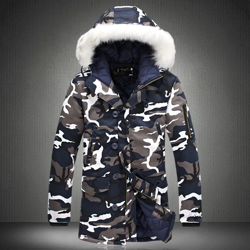 

Male Fur collar Hooded wadded Camouflage Parkas Mens Military Medium long Winter Coat Thickening warm Cotton-padded Jacket