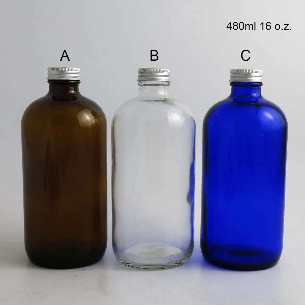 2pcs 480ml Big Refillable Amber Blue Clear Boston Round Glass Bottles with Aluminum lids 16 oz Large Glass Containers