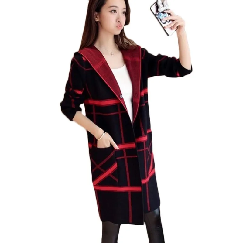 Women\'s Hooded Plaid Sweater Coat, Long Sleeve Cardigan, Elegant Female Fashion, Casual Knitting Sweaters, Autumn, F651