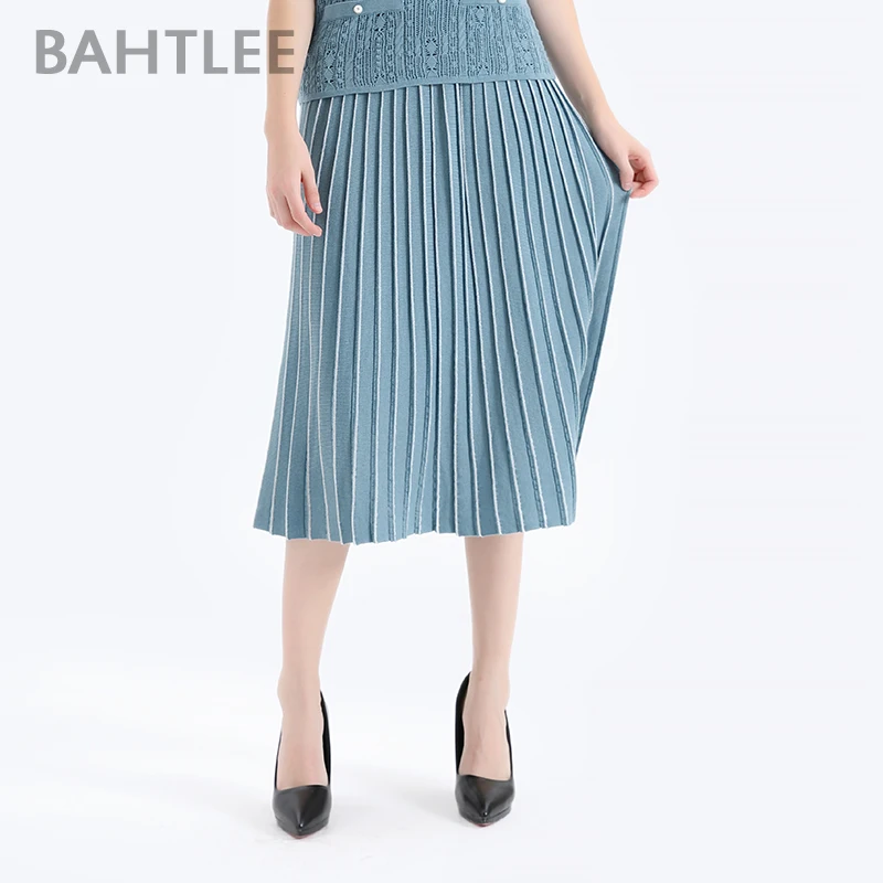 BAHTLEE-Women's Golden Silk Pleated Skirt with Waistband, Mid Calf Jumper, A Line Style