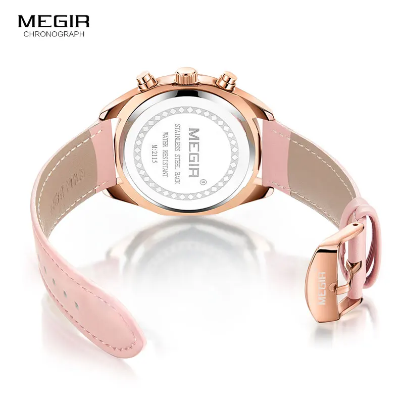 Megir Women\'s Leather Quartz Watches Chronograph Clock 24 Hours Waterproof Wristwatch for Lady Girl Relogios Femininos 2115 Pink