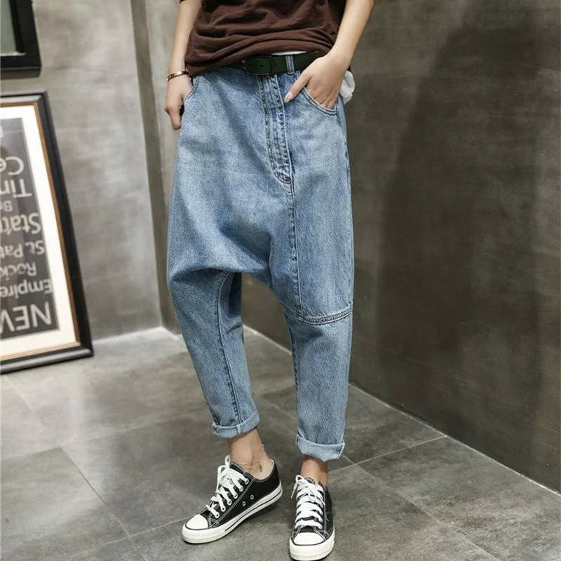 Men Baggy Low Crotch Denim Pants Harajuku Hip Hop Harem Jeans Oversized Drop Crotch Jeans Joggers Men Summer Loose Pants X9140