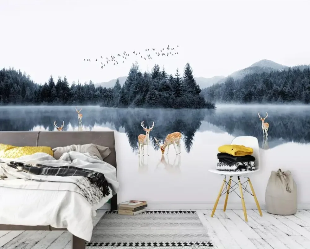 

Nordic modern concise forest sika deer landscape living room sofa background wall