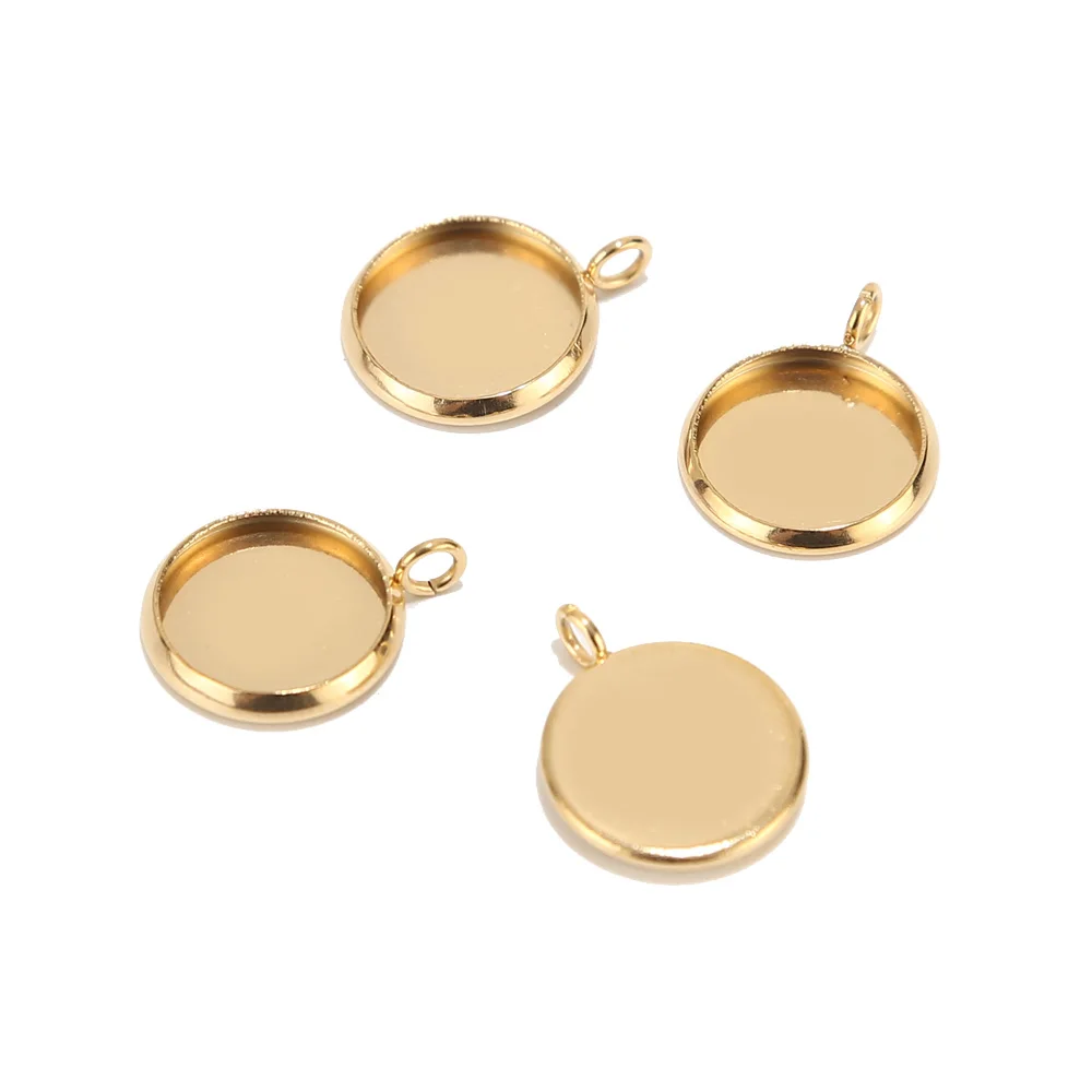 50Pcs 12mm Stainless Steel Vertical Bases Setting Cabochon Round Cameo Base Tray Bezel Blank Necklace Pendant Gold DIY Jewelry