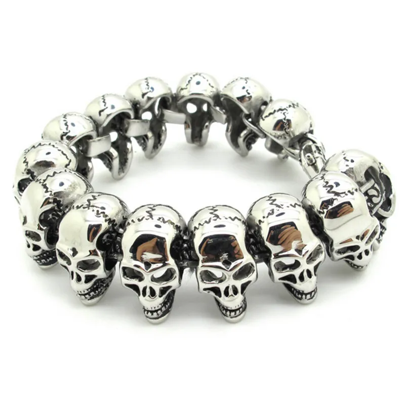 

Mens Boys Lots silver color Skull Links Chain Bracelet Stainless Steel PUNK Bangle Men's cool vintage Jewellery