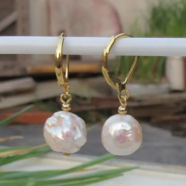 

charming 10x11mm natural south sea gold pink drop pearl earrings 14k/20