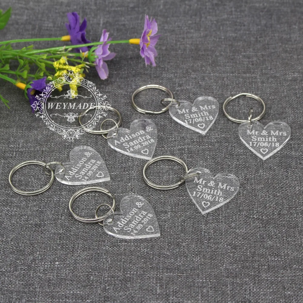 10 Piece Clear / Mirror Personalized Laser Engraved Keychain Love Heart Wedding Party Favors Customized Keyring Size 3 Cm * 3 Cm