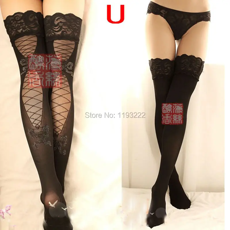 Punk Gothic Wedding Cosplay Wide Lace Silicone Hold UP Floral Top Thigh high Back Sheer Bandage Bow Long Stockings