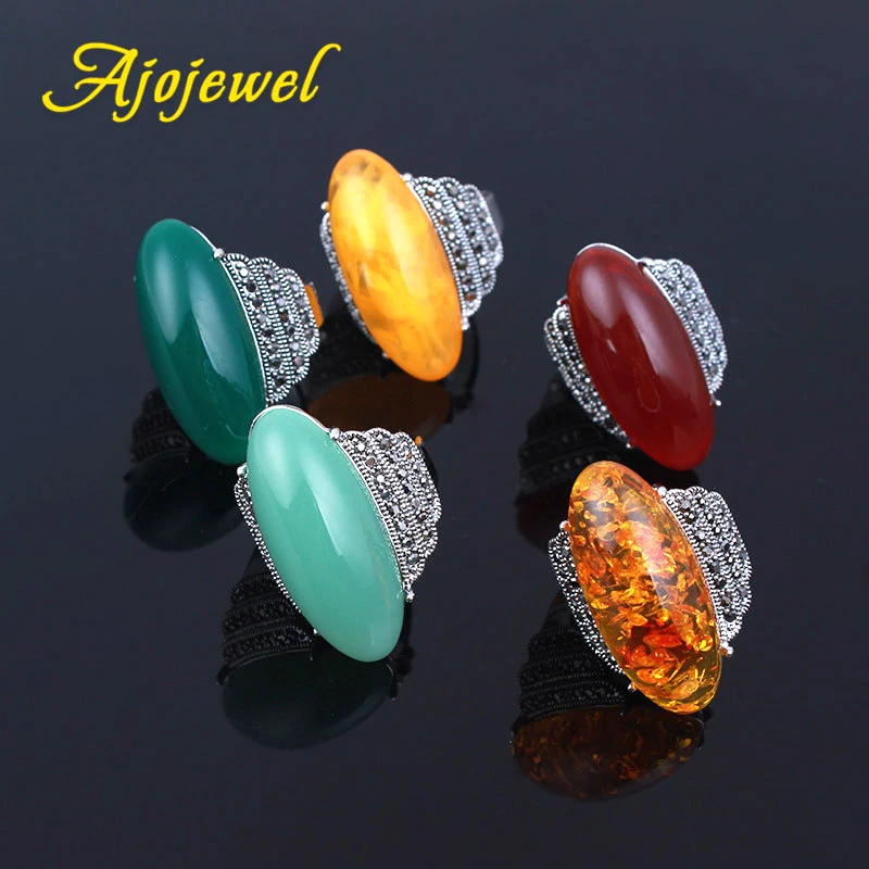 Ajojewel size 7-10 Exaggerated Big Light Green/Dark Green/Red/Clear/Orange Stone Ring For Women Vintage Jewelry Bague