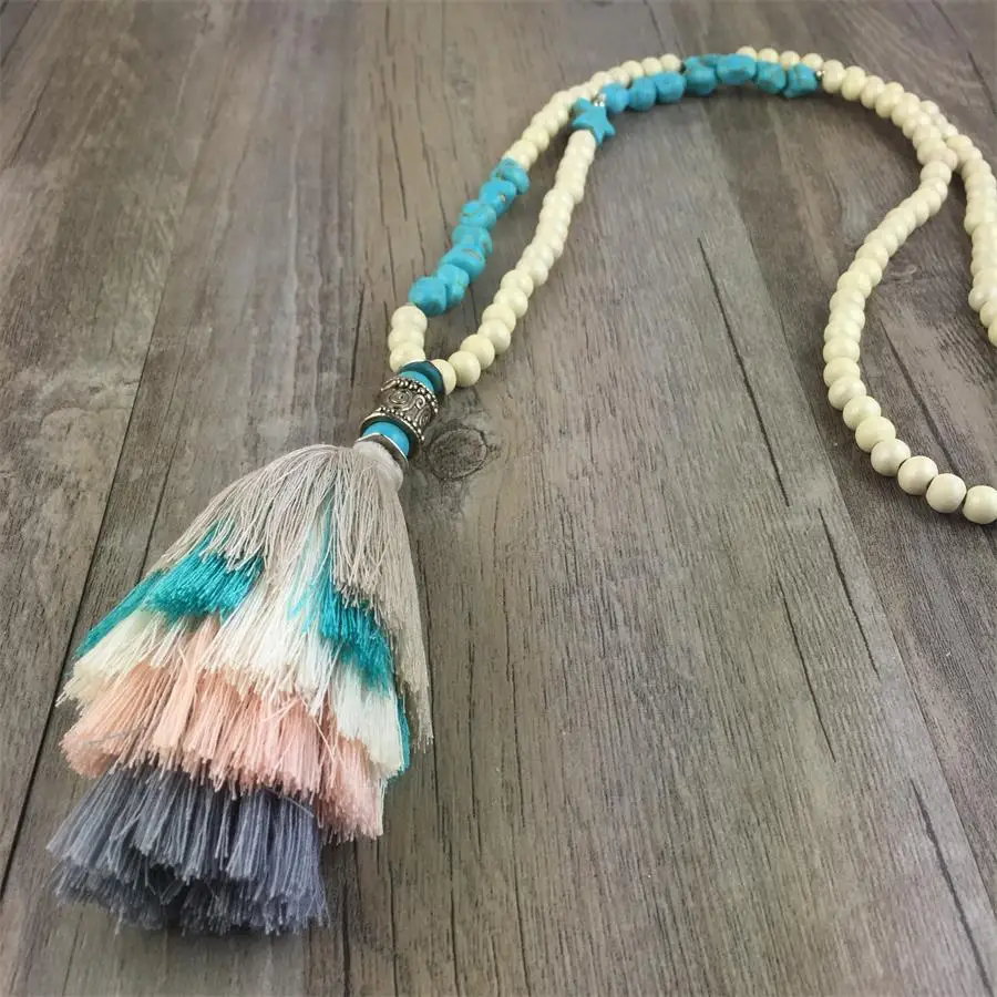 

Natural Stone Wood Beads Multi Tassel Pendant Long Chain Tiered Threaded Tassel Necklace