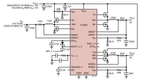 LTC3859 LTC3859EFE LTC3859IFE LTC3859EUHF LTC3859IUHF - Baixo QI, saída tripla, controlador síncrono Buck/Boost