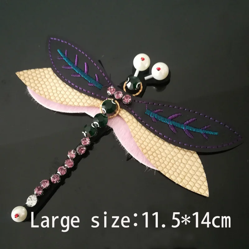 Creative Leather Beaded Patches for Clothes Diamond Dragonfly Buiter Accessories Big Bees Rhinestones DIY Brooch Patch A1330