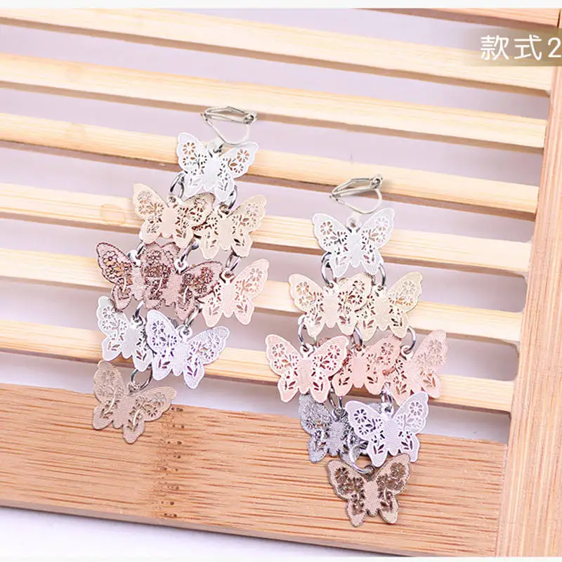 JIOFREE New Fashion 8 Color Alloy Butterfly Clip on Earrings No Pierced Long Earrings For Women Fashion Jewelry