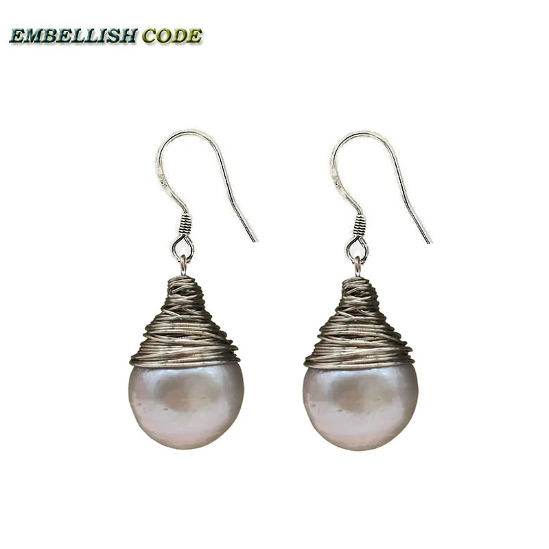 handmade grey pearls silver plated hook dangle earring baroque pearl fire ball stely tear drop shape with for Lady