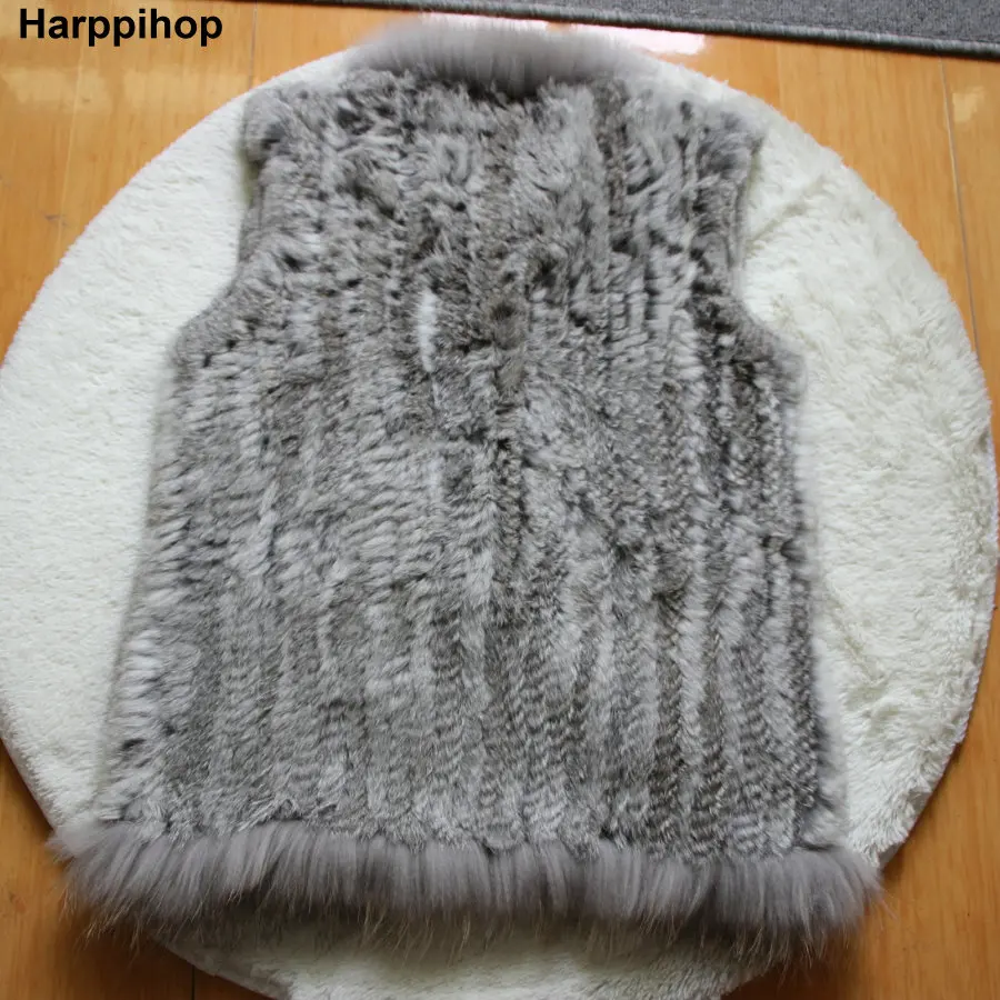 Chaleco de piel de conejo de punto Natural para mujer, chaleco con Cuello de piel de mapache, 68cm de largo, nuevo diseño, venta al por menor/al por