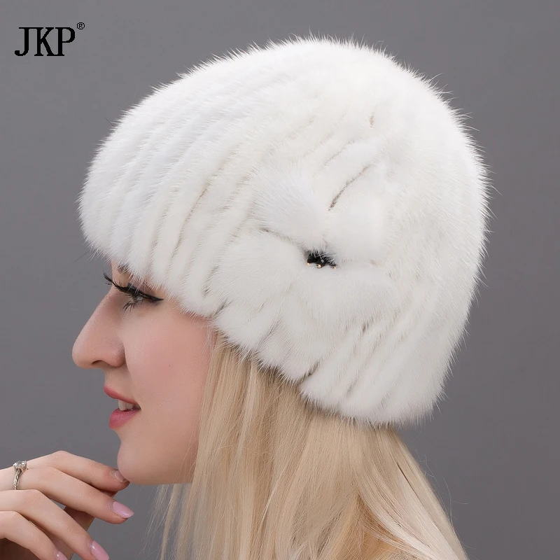 Winter Hats Women Genuine Mink Fur Cap Striped Knitted Casual Solid Female Beanies Fashion  Natural Warm mink Fur caps DHY17-22