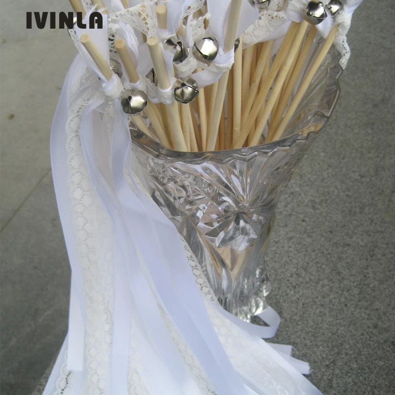 

50pcs/lot White Lace Wedding Ribbon Wands stick with big Bells for wedding decoration