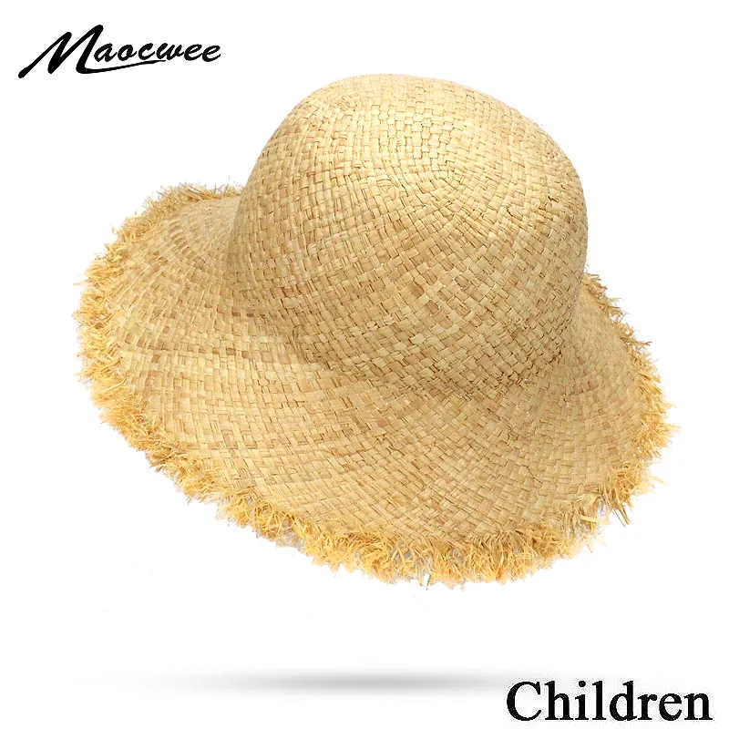 Natural Large Wide Brim Raffia Straw Children Hats Woven Circle Beach Girl Cap Summer Hollow Out Big Straw Child Hat 2019