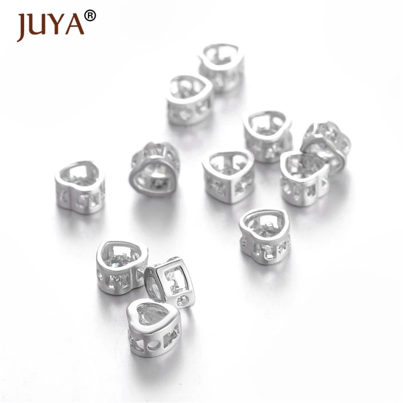 Juya 2pcs Luxury Zircon Crystal Round Heart Beads For Jewelry Making DIY Spacer Bead Bracelet Necklace Sieraden Maken Perles