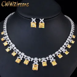 CWWZircons Gorgeous Princess Cut Yellow Cubic Zirconia Stone Women Wedding Party Costume Necklace Jewelry Sets for Brides T351