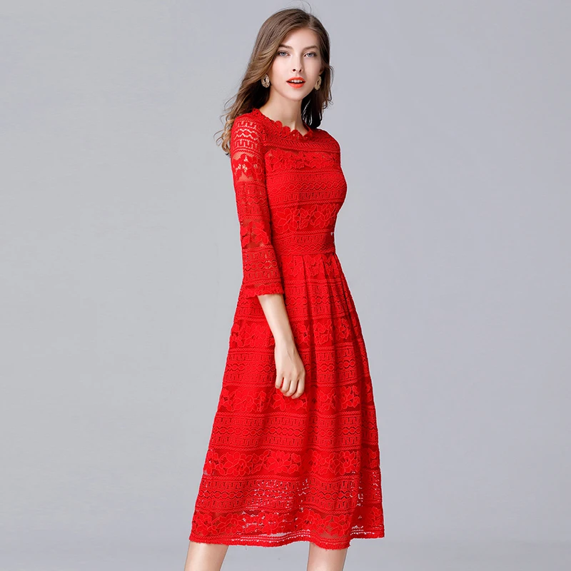 TAOYIZHUAI 2019 New Arrival Autumn Sexy Style Red Dress Lace Hollow Out 100% polyester Plus Size Fit And Flare Women Dress 14022