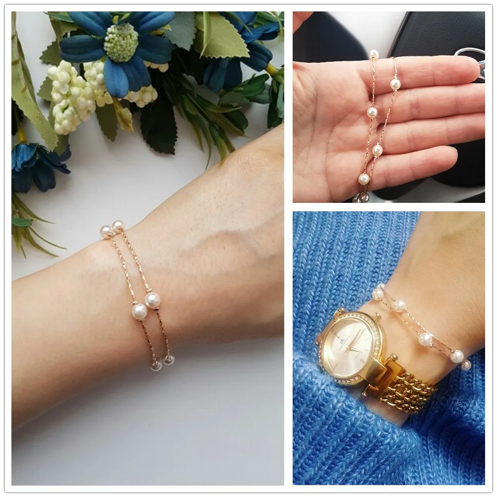 Double Layer Imitation Pearl Beads Charm Bracelets Bangles for Women Rose Gold Color Short Chain on Hand Wedding Jewelry DFH169