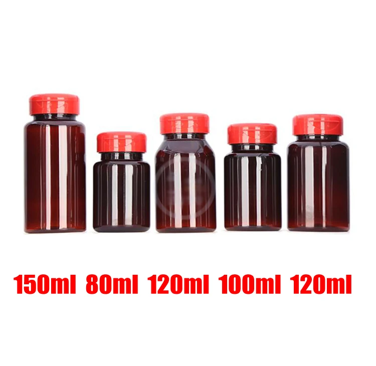 100pcs Amber Color PET Medicine Bottles,Capsules/Pills/Powder/Vitamin Plastic Bottles -- Red Flip Cap 80ml/100ml/120ml/150ml